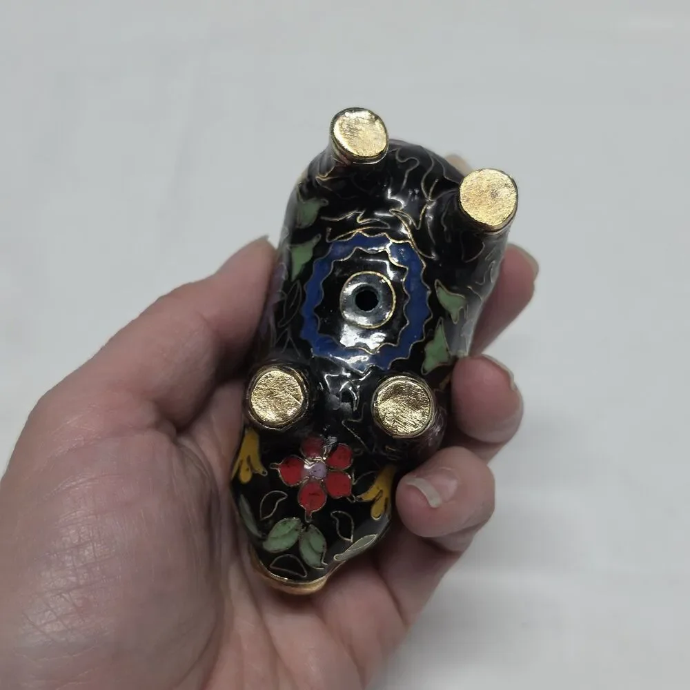 Vintage Cloisonne Pig Brass Enamel Figurine Floral Multicolor Traditional